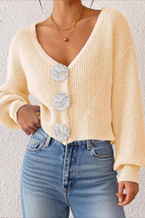 Button Front Crochet Knit Crop Sweater Beige / S