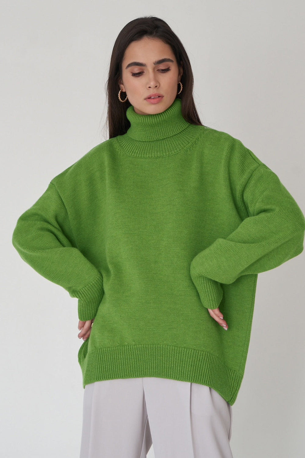 Turtleneck Loose Knit Pullover Sweater Light Green / S