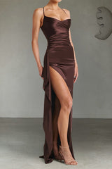 Long Slip Elegant Party Dress S / Brown