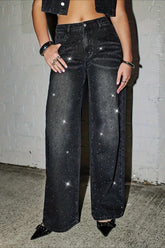 Rhinestone Embellished Wide Leg Jeans
