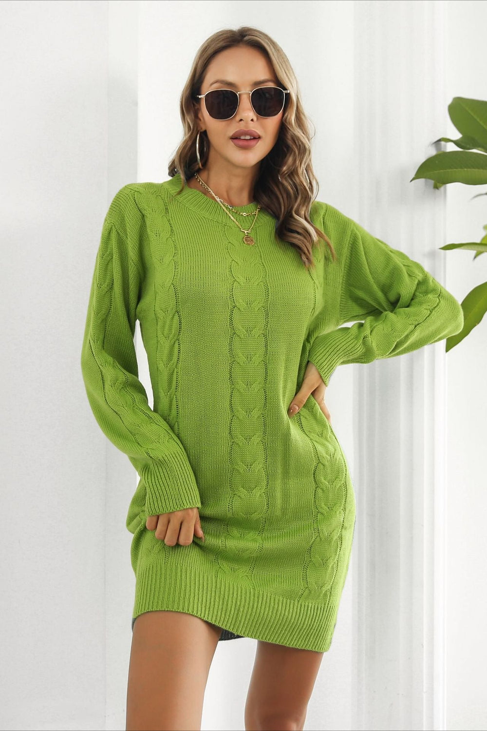 Loose Fit Cable Knit Sweater Dress