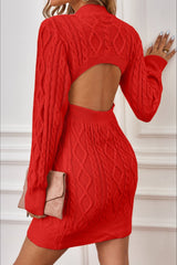 Long Sleeve Cable Knit Backless Sweater Dress S / Red