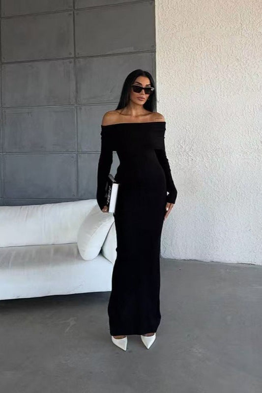 Striped Off Shoulder Sweater Dress S / Black