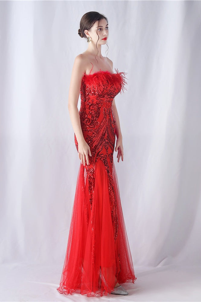 Ostrich Feather Sequin Evening Party Dress