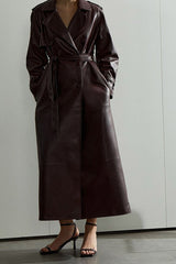 Belted Faux Leather Waist Fit Overcoat