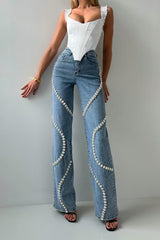 Rhinestone Patch Straight Leg Jeans Blue / S