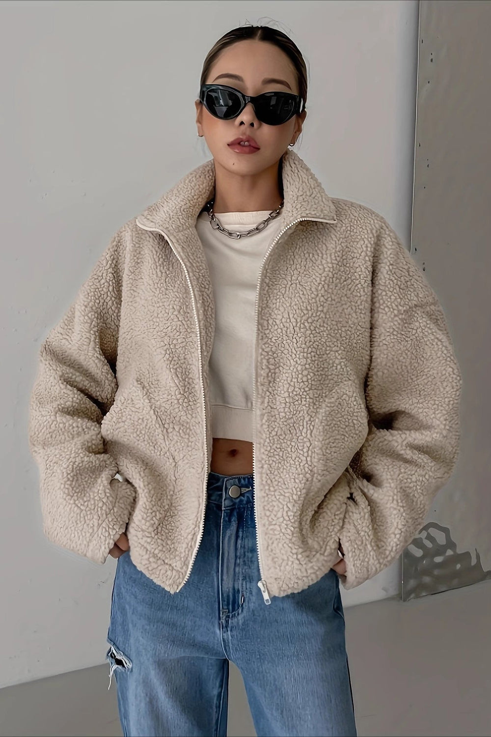 Oversized High Collar Fleece Jacket S / Ivory