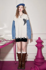 Denim Panel Mid Length Relaxed Sweater