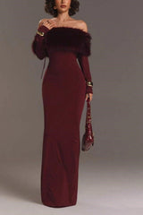Fur Collar Off Shoulder Bodycon Dress