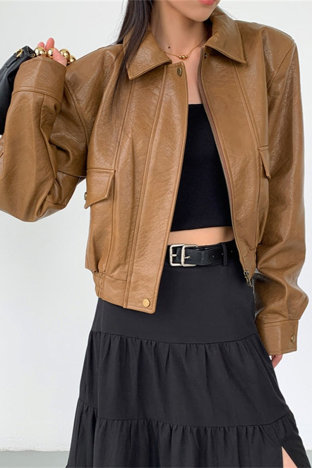Short PU Leather Notch Lapel Jacket