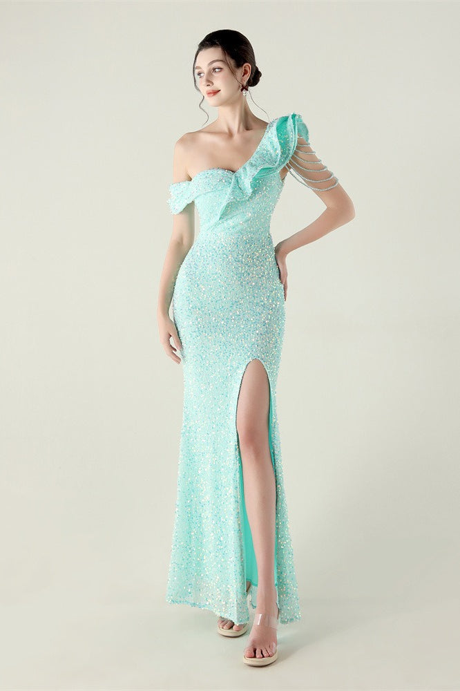 Draped One Shoulder Ruffle Formal Dress