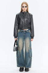 PU Leather Zip Up Bomber Jacket Grey / S