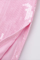 Pink Sequin V-Neck Slit Party Dress