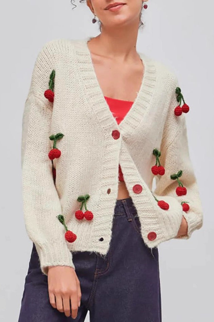 Cherry Embroidered Knit Cardigan Sweater