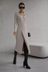 Belted Long Sleeve Solid Knit Sweater Dress