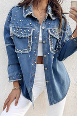 Beaded Contrast Denim Long Sleeve Coat coats