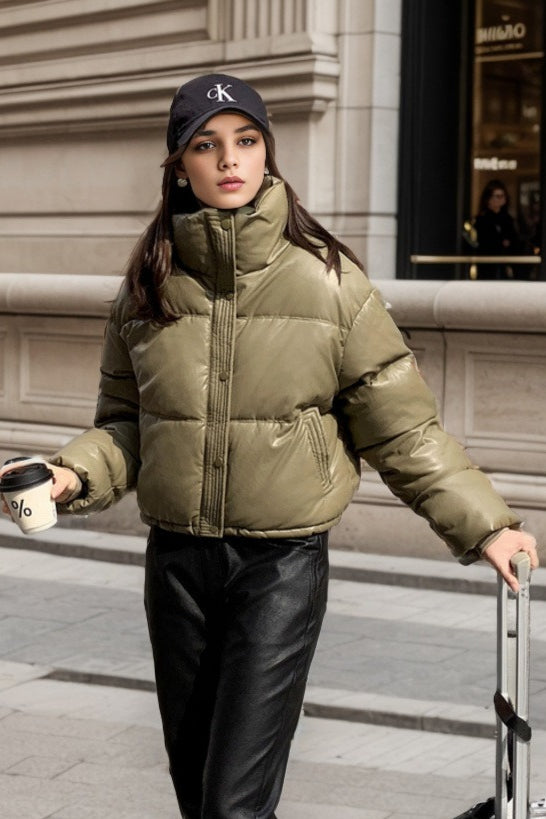 Cropped Faux Leather Insulated Puffer Jacket