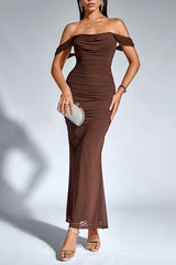 Boned Mesh Ruched Backless Formal Dress XS / Brown