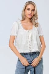 Lace Trimmed Tie Front Blouse
