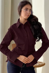 Waist Defining Long Sleeve Cotton Blouse