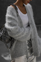 V Neck Fluffy Knit Cardigan Sweater