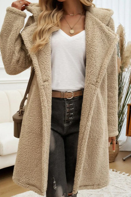 Mid Length Fuzzy Lapel Coat Khaki / S coats