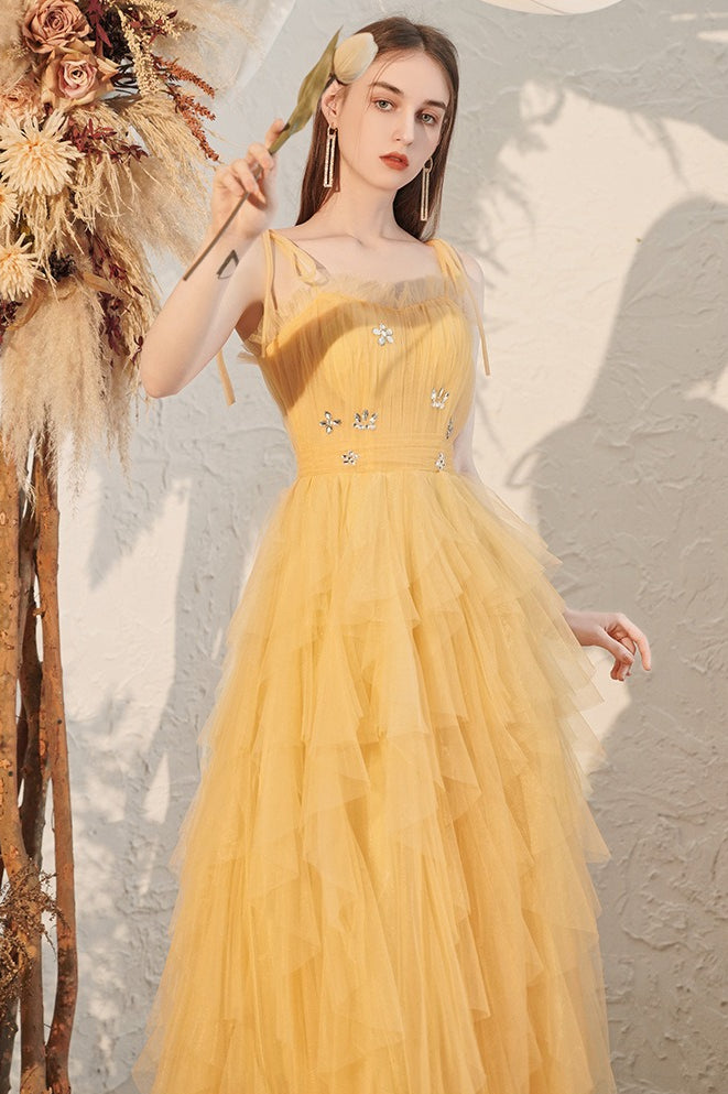 Yellow Spaghetti Strap Mini Formal Dress