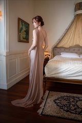 Elegant Satin Slant Neck Sheath Formal Dress S / Grey