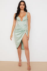 Satin V-Neck Bustier Slit Cocktail Dress
