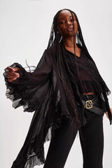 Sheer Flare Sleeve Tie Blouse