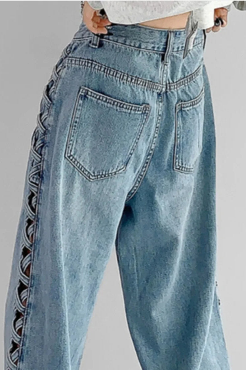 Side Braided Cutout Wide Leg Jeans