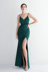 Long Satin Slit Halter Sheath Formal Dress