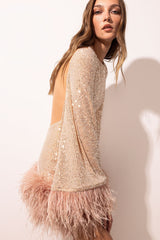 Long Sleeve Feather Sequin Mini Dress