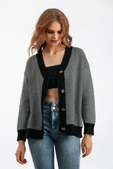 Striped V Neck Buttoned Knit Sweater One Size / Dark Gray