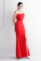 Elegant Feather Trim Strapless Formal Dress