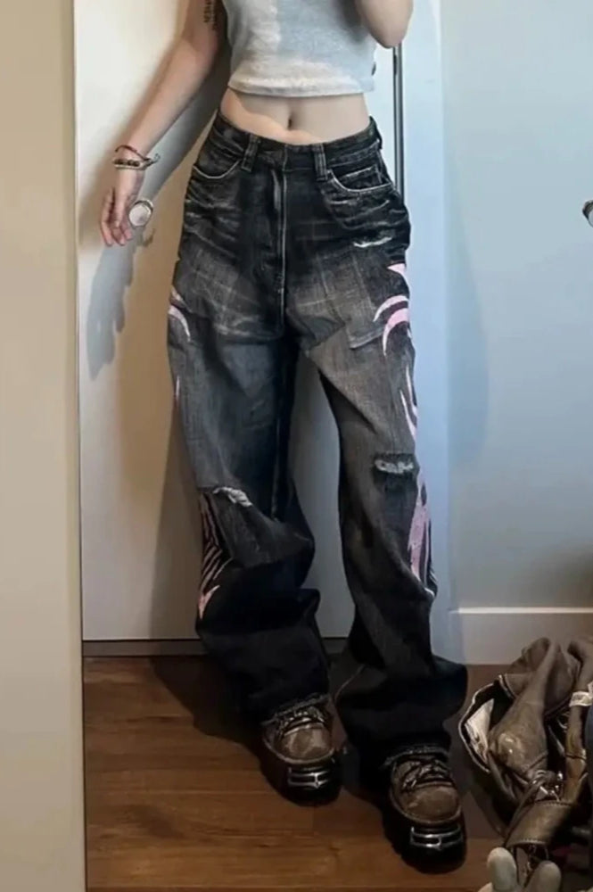 Gothic Print Wide Leg Jeans