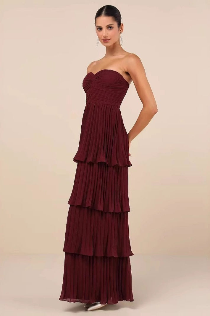Ruched Bustier Tiered Hem Formal Dress S / Red