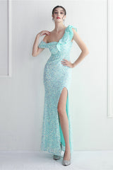 Embellished One Shoulder Mermaid Formal Dress S / Blue