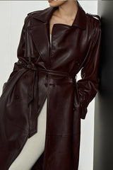 Belted Faux Leather Waist Fit Overcoat