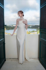 Elegant Satin Slant Neck Sheath Formal Dress