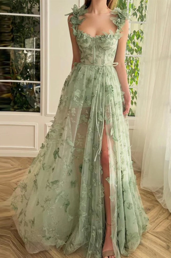 Sheer Tulle Spaghetti Strap High Slit Party Dress S / Green