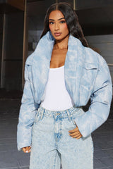 Printed Color Block Crop Quilted Puffer Jacket S / Blue