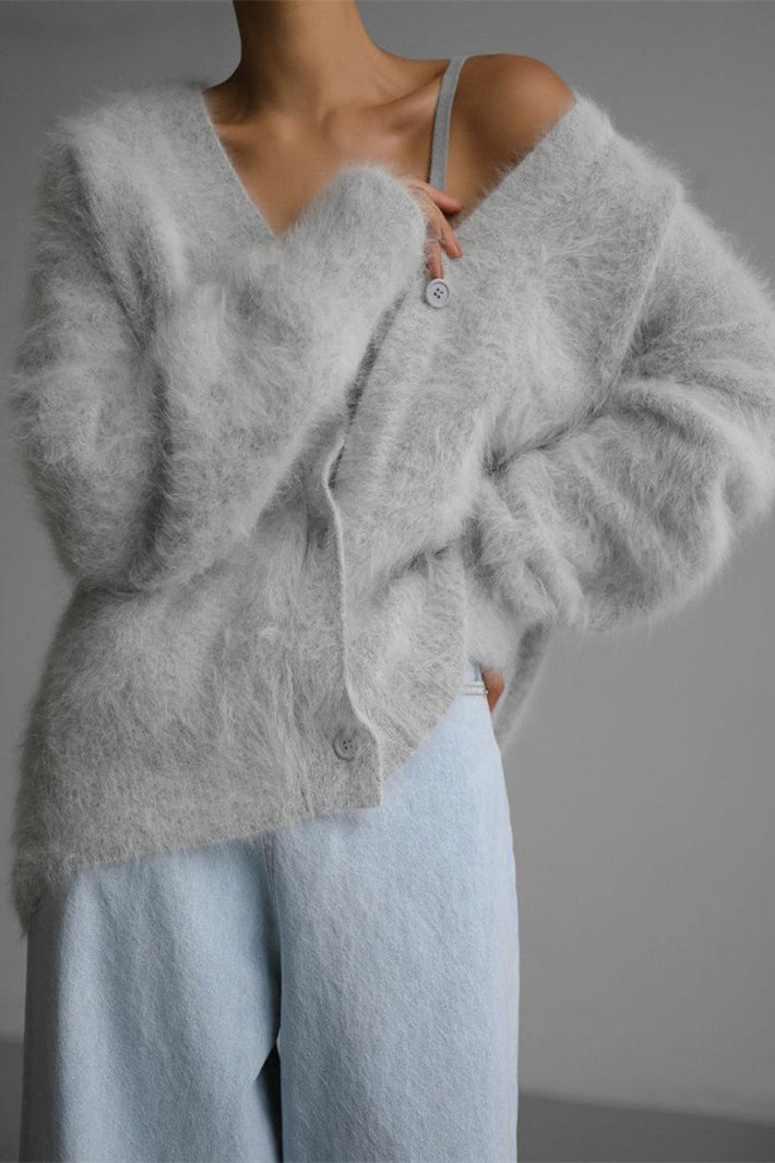V Neck Fluffy Knit Cardigan Sweater Light Gray / One Size