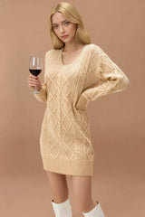 V-Neck Cable Knit Sweater Dress