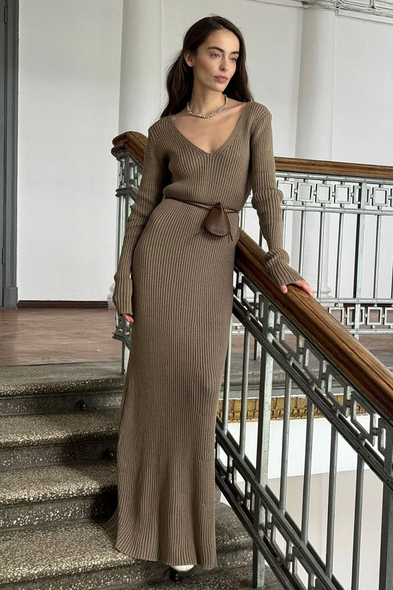 V-Neck Long Sleeve Knit Sweater Dress S / khaki