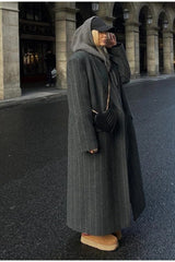 Wool Stripe Notch Collar Long Overcoat
