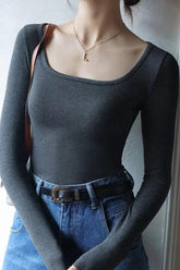 Square Neck Ribbed Stripe Panel Knit Top