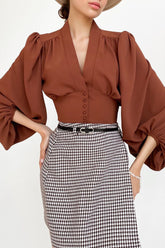 V Neck Lantern Sleeve Slim Blouse