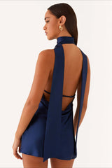Deep V Backless Ribbon Cocktail Dress S / Navy blue