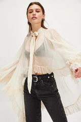 Sheer Flare Sleeve Tie Blouse